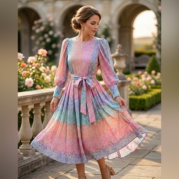 Vintage Dresses & Skirts - Vintage Anne Crimmins 100% Silk Jacquard Floral Midi Dress 6 | Umi Collections